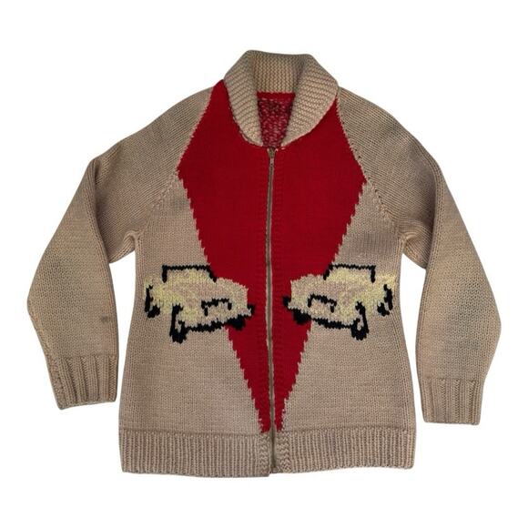 Vintage 40’s/50’s Hot Rod Motif Cowichan Shawl Collar Zip Front Sweater S/M - Picture 2 of 8